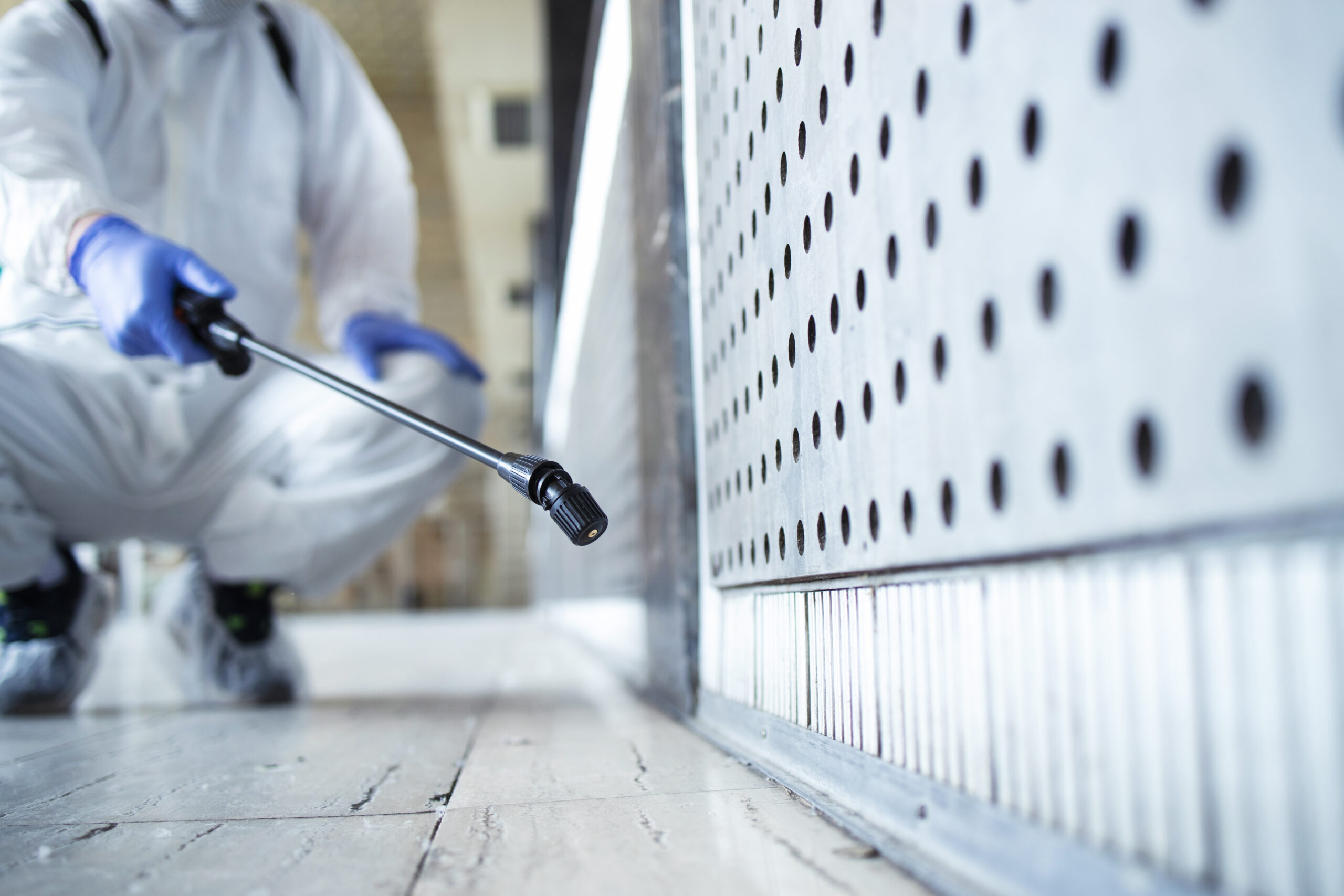Technicien Action Nuisible en combinaison de protection lors d'une intervention anti nuisibles