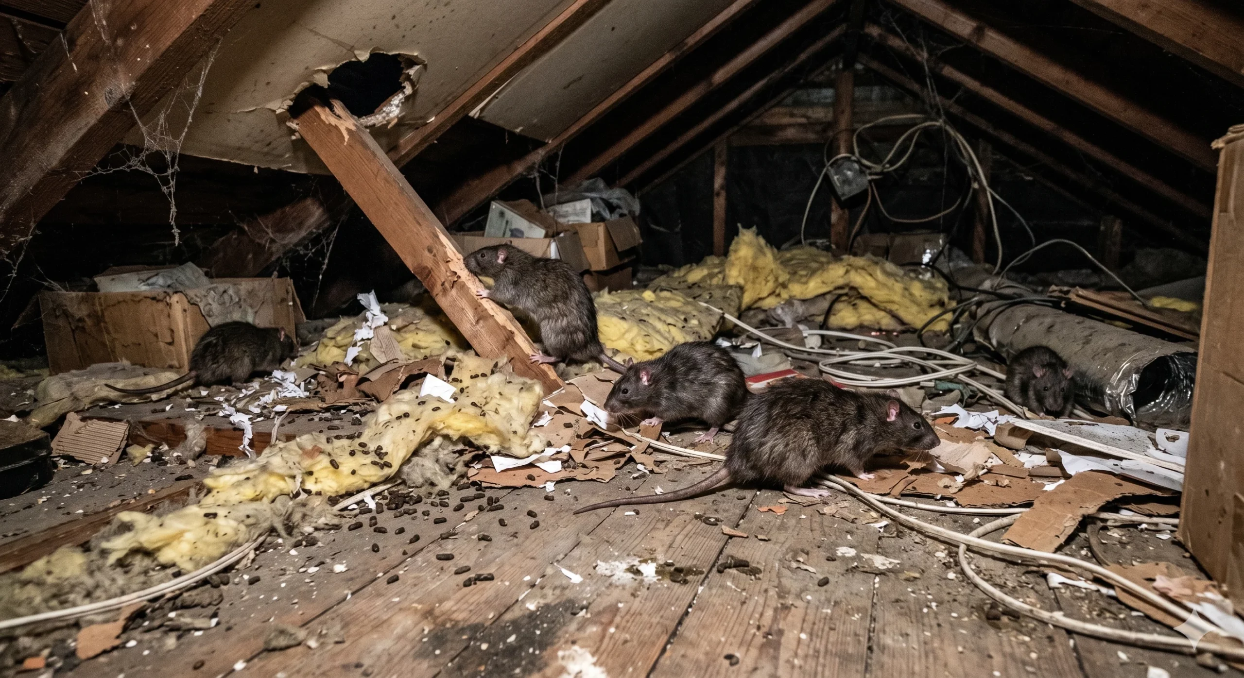 Rats dans des combles, isolant déchiqueté et câbles rongés, signes d'une infestation avancée